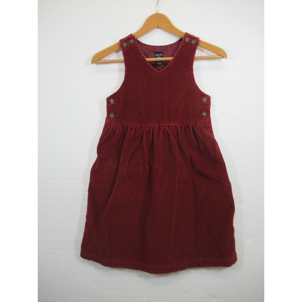 Vintage 90s Lands End Corduroy Jumper Dress Girls 7 Red Pockets